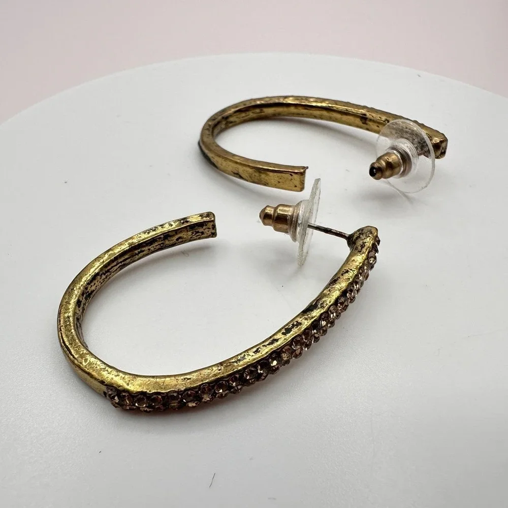 Vintage 90s Gold Tone Oval Hoop Earrings Champagne Glass Accents Style‎ Fashion